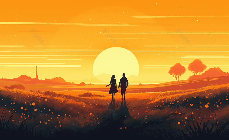 秋天卡通浪漫黄昏情侣手绘插画诗意远方,插画/手绘图,插画/手绘图库,插画/手绘图下载,插画/手绘